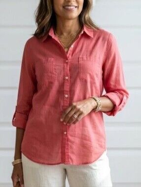 Talbots Size 10 Coral Red Blouse Cotton Button Down Roll Tab Utility Pockets